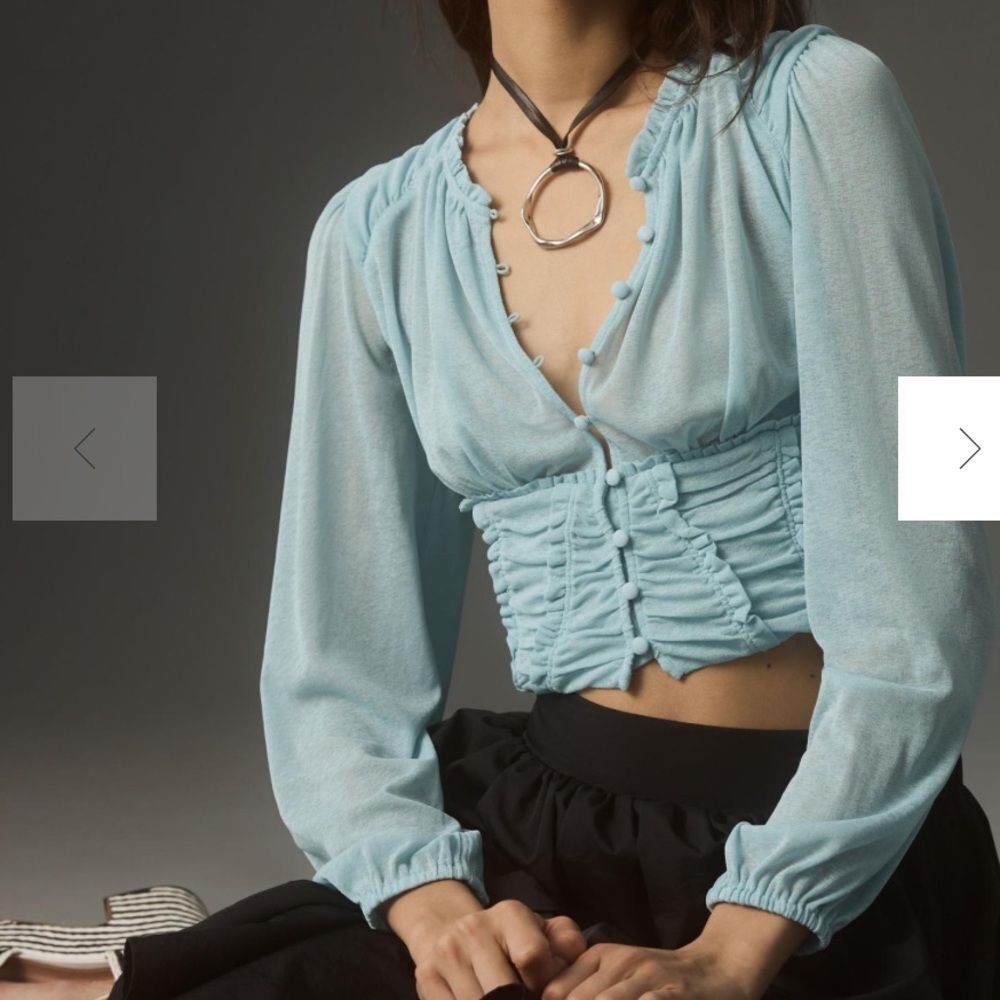 Nwt Anthropologie Long-Sleeve Femme Ruched Cropped Top Baby Blue